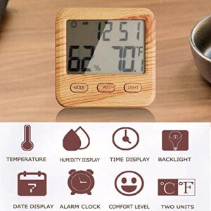 Digital Hygrometer Indoor Thermometer, Temperature Humidity Gauge with Desk Clocks for Bedroom Office,Backlit Accurate Monitor Clear Reading,Time Display Room Thermometer for Home Greenhouse Wooden