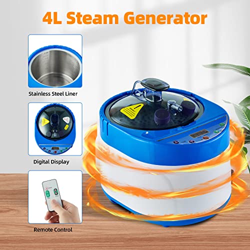 ZONEMEL Sauna Steamer Portable Pot 4 Liters, Stainless Steel Steam Generator with Remote Control, Spa Machine with Timer Display Mist Moisturizing for Body Detox, Home Spa (Blue, US Plug)