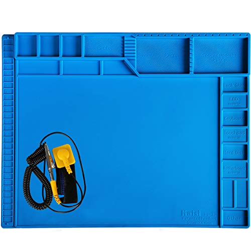 Kaisi 21.6 x 16.9 Inch Large Electronics Repair Mat Silicone Soldering Magnetic Repair Pad Insulation Work Station with Anti Static Wrist Strap for Computer, Laptop, MacBook, Tablet, Phone and More