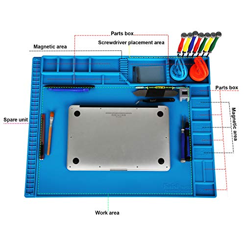 Kaisi 21.6 x 16.9 Inch Large Electronics Repair Mat Silicone Soldering Magnetic Repair Pad Insulation Work Station with Anti Static Wrist Strap for Computer, Laptop, MacBook, Tablet, Phone and More