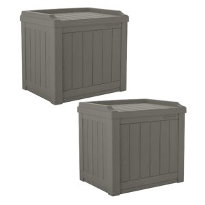 suncast 22 gallon indoor or outdoor backyard patio small storage deck box with attractive bench seat and reinforced lid, stone (2 pack)