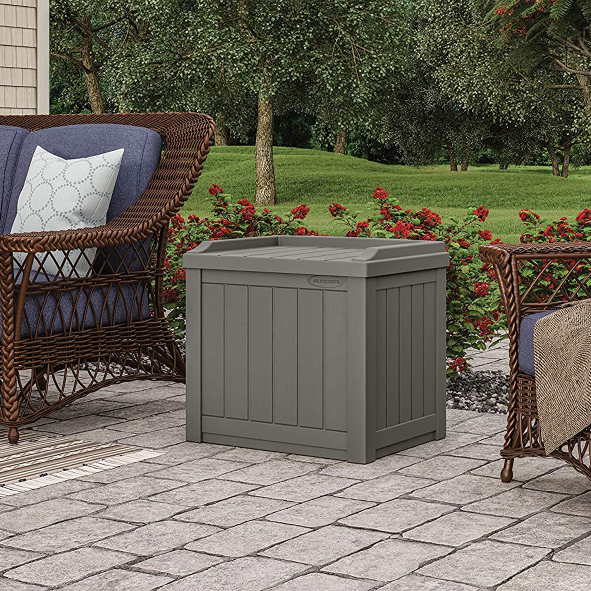 Suncast 22 Gallon Indoor or Outdoor Backyard Patio Small Storage Deck Box with Attractive Bench Seat and Reinforced Lid, Stone (2 Pack)
