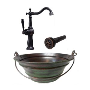 simplycopper 15" round vintage look copper bucket vessel sink with green patina with drain and 13" orb clayborne vessel filler faucet