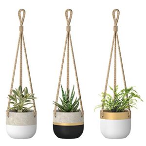 dahey 3 pack small cement hanging planter succulent pots with jute rope hanger modern mini concrete flower pots indoor for cactus herb or small plants home decor, 3 inch