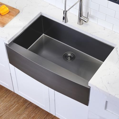 Hotis Black Farmhouse Sink, 33 Inch Farm Sink, Apron-Front 304 Stainless Steel Farmhouse Kitchen Sink, Single Bowl Undermount Apron Sink With Dish Grid