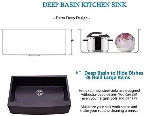 Hotis Black Farmhouse Sink, 33 Inch Farm Sink, Apron-Front 304 Stainless Steel Farmhouse Kitchen Sink, Single Bowl Undermount Apron Sink With Dish Grid