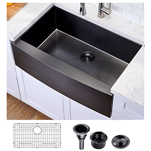 Hotis Black Farmhouse Sink, 33 Inch Farm Sink, Apron-Front 304 Stainless Steel Farmhouse Kitchen Sink, Single Bowl Undermount Apron Sink With Dish Grid