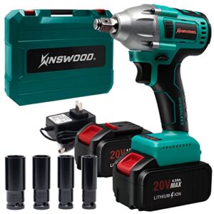 kinswood 20v cordless impact wrench 1/2 inch, powerful brushless motor, max 320 torque ft-lbs, 3.0a li-ion battery, 4pcs driver impact sockets, fast charger (2 battery)