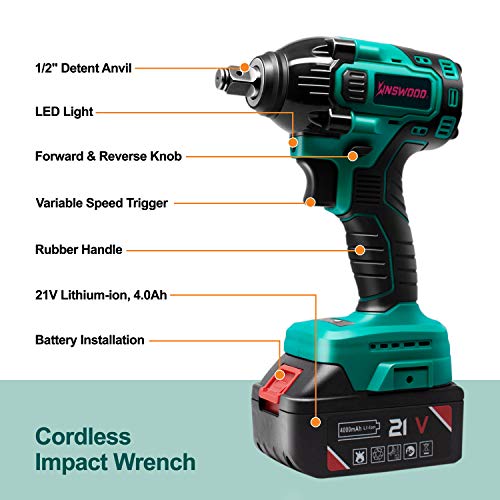 KINSWOOD 20V Cordless Impact Wrench 1/2 inch, Powerful Brushless Motor, Max 320 Torque ft-lbs, 3.0A Li-ion Battery, 4Pcs Driver Impact Sockets, Fast Charger (2 Battery)