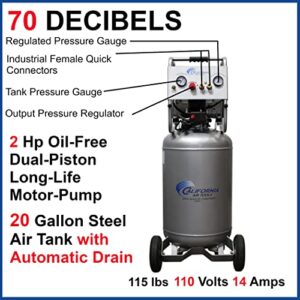 California Air Tools 20020AD Ultra Quiet & Oil-Free Air Compressor 2.0 Hp, 20.0 Gal. Steel Tank Air Compressor with Automatic Drain Valve