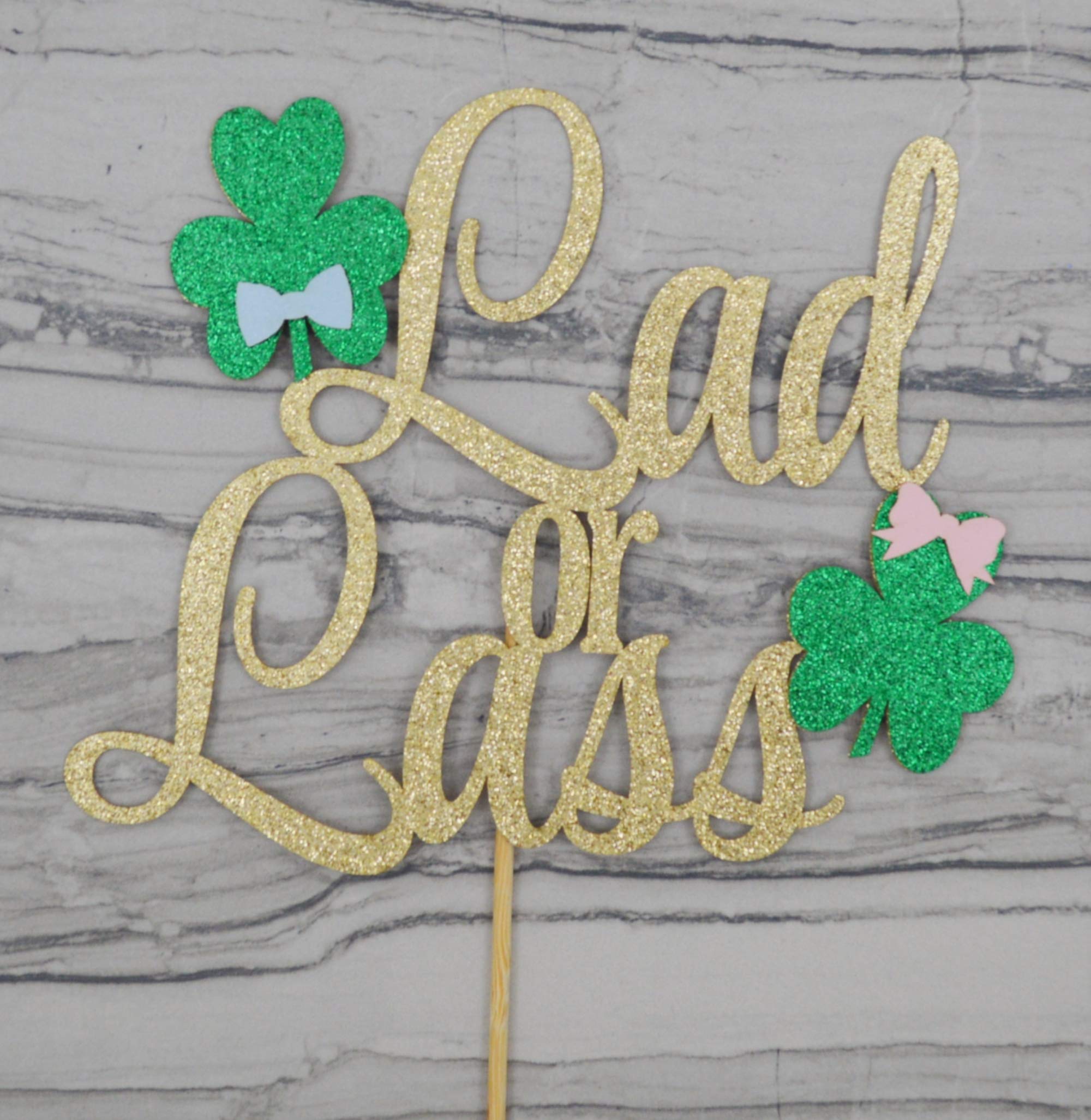 Lad or Lass Shamrock Gender Reveal Glitter Paper Cake Topper