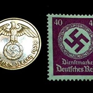DE 1938 Rare Old WWII German War Coin 2 Reichspfennig & 40pf Stamp World War 2 Artifacts Perfect Circulated Coin