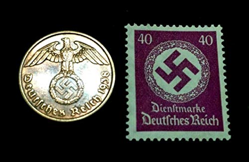 DE 1938 Rare Old WWII German War Coin 2 Reichspfennig & 40pf Stamp World War 2 Artifacts Perfect Circulated Coin