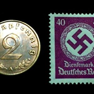 DE 1938 Rare Old WWII German War Coin 2 Reichspfennig & 40pf Stamp World War 2 Artifacts Perfect Circulated Coin