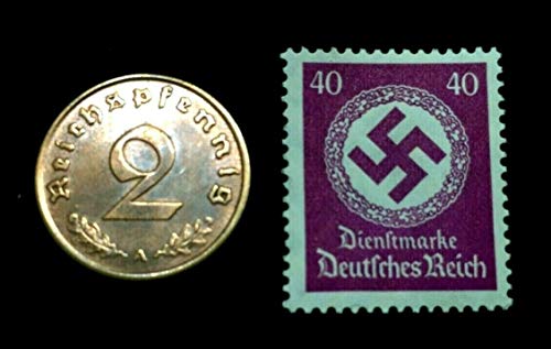 DE 1938 Rare Old WWII German War Coin 2 Reichspfennig & 40pf Stamp World War 2 Artifacts Perfect Circulated Coin