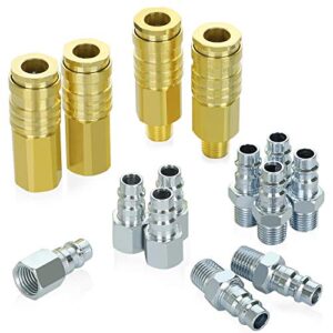 wynnsky high flow v-style air fittings, brass quick-connect coupler and steel plug, 1/4 inch body size, 1/4 inch npt threads size, 250psi, 14pcs air compressor hose accessories