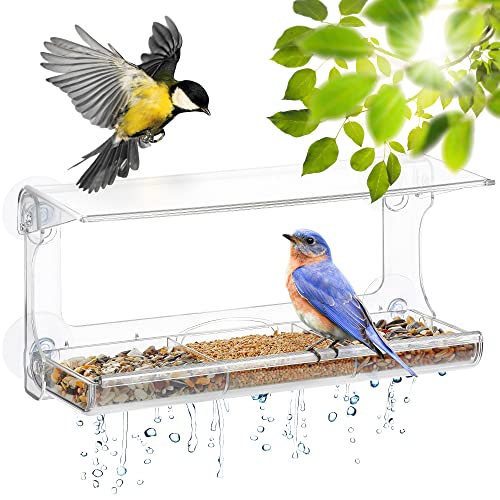 D.F. Omer Window Bird Feeder with 3 Section Tray and Roof Cover, Weatherproof Outdoor Suction Cup Hanger Acrylic Plastic Bird Feeder , Clear