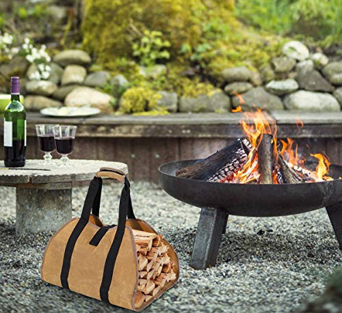 TQVAI 2 Tier Outdoor Firewood Rack, Indoor Fire Log Storage with Fire Tools Hanging Hooks and Waxed Canvas Wood Carrier Bag, Stacking Fireside Lumber Holder, Black