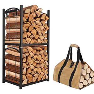 TQVAI 2 Tier Outdoor Firewood Rack, Indoor Fire Log Storage with Fire Tools Hanging Hooks and Waxed Canvas Wood Carrier Bag, Stacking Fireside Lumber Holder, Black