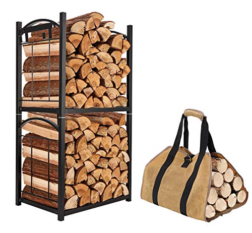 TQVAI 2 Tier Outdoor Firewood Rack, Indoor Fire Log Storage with Fire Tools Hanging Hooks and Waxed Canvas Wood Carrier Bag, Stacking Fireside Lumber Holder, Black