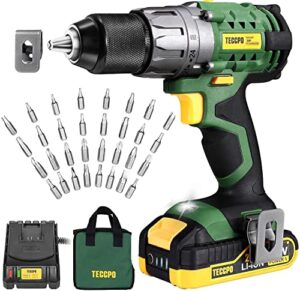 teccpo cordless drill, 20v drill set, power drill driver with 530 in-lbs, 1/2" metal chuck, 2.0ah battery, 24+1 torque setting, fast charger 2.0a, variable 2-speed, drill with 33pcs accessories