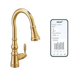 moen weymouth brushed gold smart faucet touchless pull down sprayer kitchen faucet with voice control and power boost, s73004evbg
