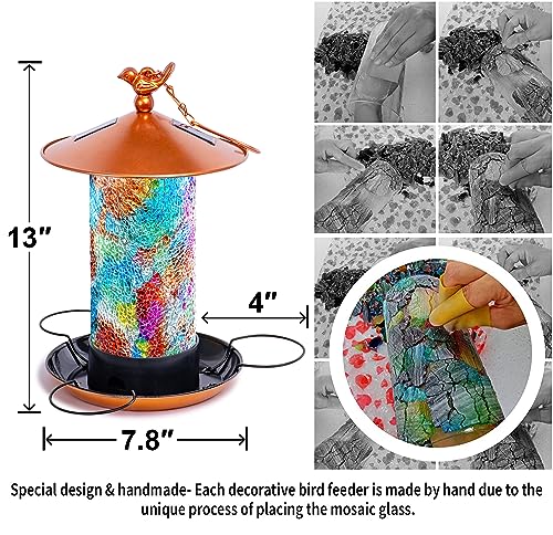 Ottsuls Solar Bird Feeder for Outside - Mosaic Copper Outdoor Hanging Lantern, Solar Powered Hanging Birdfeeder with Hook for Wild Birds, Unique Bird-Gift