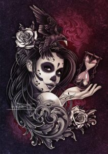 day of the dead girl canvas art print - sugarskull girl painting artwork with crow, roses, timer tattoo style wall art gift - sugar skull woman