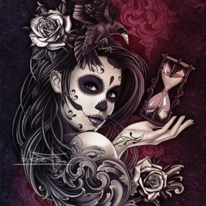 DAY OF THE DEAD GIRL CANVAS ART PRINT - Sugarskull Girl Painting Artwork with Crow, Roses, Timer Tattoo style Wall Art Gift - Sugar Skull Woman