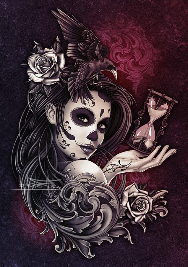 DAY OF THE DEAD GIRL CANVAS ART PRINT - Sugarskull Girl Painting Artwork with Crow, Roses, Timer Tattoo style Wall Art Gift - Sugar Skull Woman