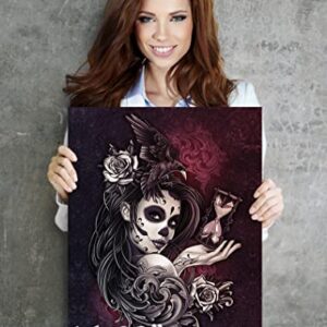 DAY OF THE DEAD GIRL CANVAS ART PRINT - Sugarskull Girl Painting Artwork with Crow, Roses, Timer Tattoo style Wall Art Gift - Sugar Skull Woman