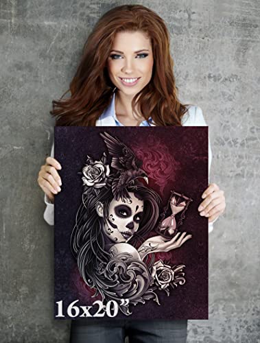 DAY OF THE DEAD GIRL CANVAS ART PRINT - Sugarskull Girl Painting Artwork with Crow, Roses, Timer Tattoo style Wall Art Gift - Sugar Skull Woman