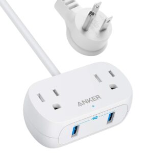 Anker Extension Cord,Mini Power Strip with USB Ports ,2 Outlets and 2 USB-A Ports, Flat Plug, 5 ft Extension Cord, Safety System for Travel, Desk, and Home Office, TUV Listed