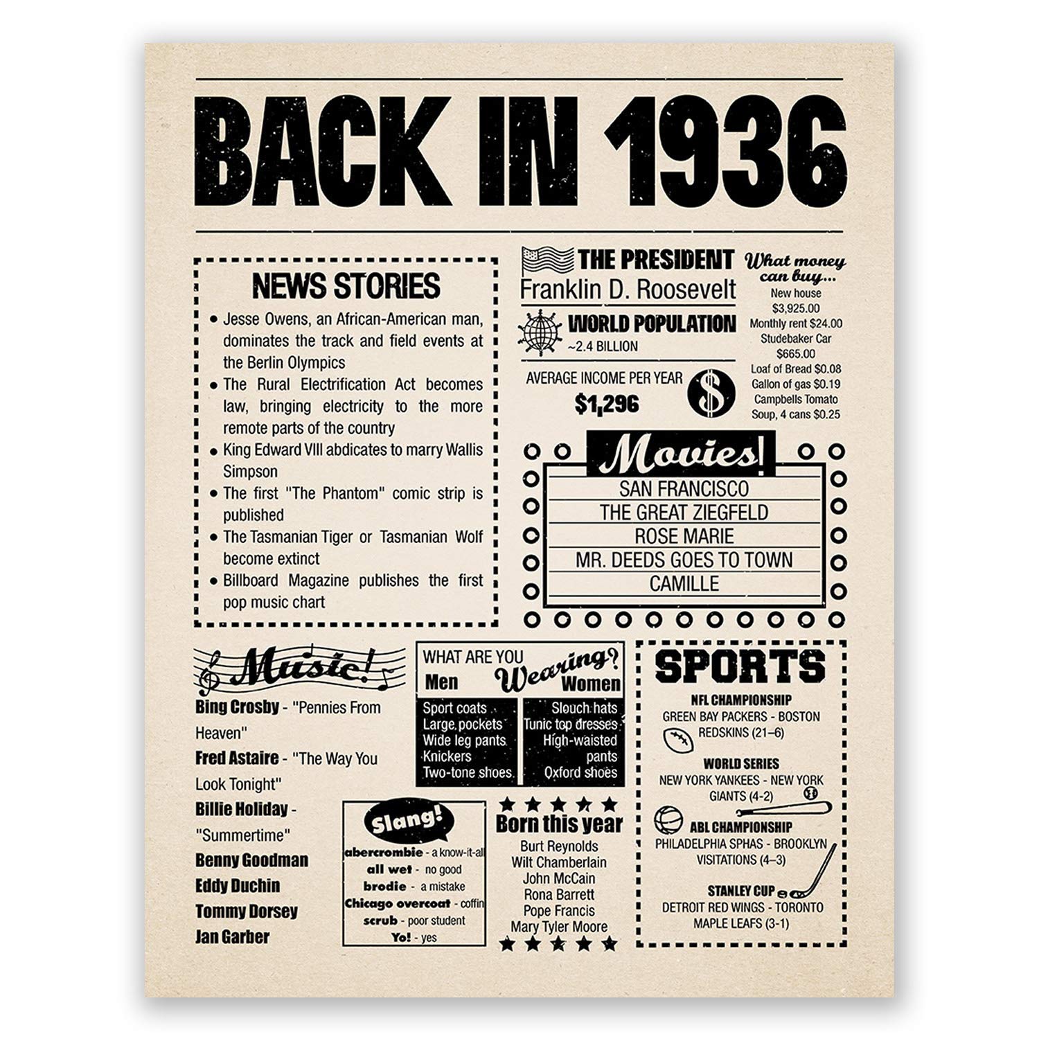 8x10 1936 Birthday Gift // Back in 1936 Newspaper Poster // 88th Birthday Gift // 88th Party Decoration // 88th Birthday Sign // Born in 1936 Print (8x10, Newspaper, 1936)