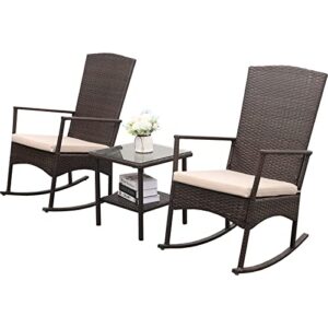 outdoor pe wicker rocking chair 3-piece patio rattan bistro set 2 rocker armchair and glass coffee side table furniture washable lacing khaki cushions