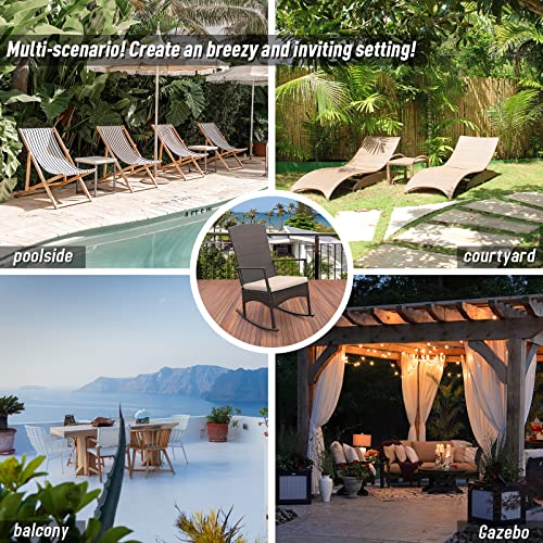 Outdoor PE Wicker Rocking Chair 3-Piece Patio Rattan Bistro Set 2 Rocker Armchair and Glass Coffee Side Table Furniture Washable Lacing Khaki Cushions