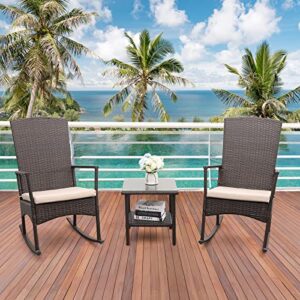 Outdoor PE Wicker Rocking Chair 3-Piece Patio Rattan Bistro Set 2 Rocker Armchair and Glass Coffee Side Table Furniture Washable Lacing Khaki Cushions