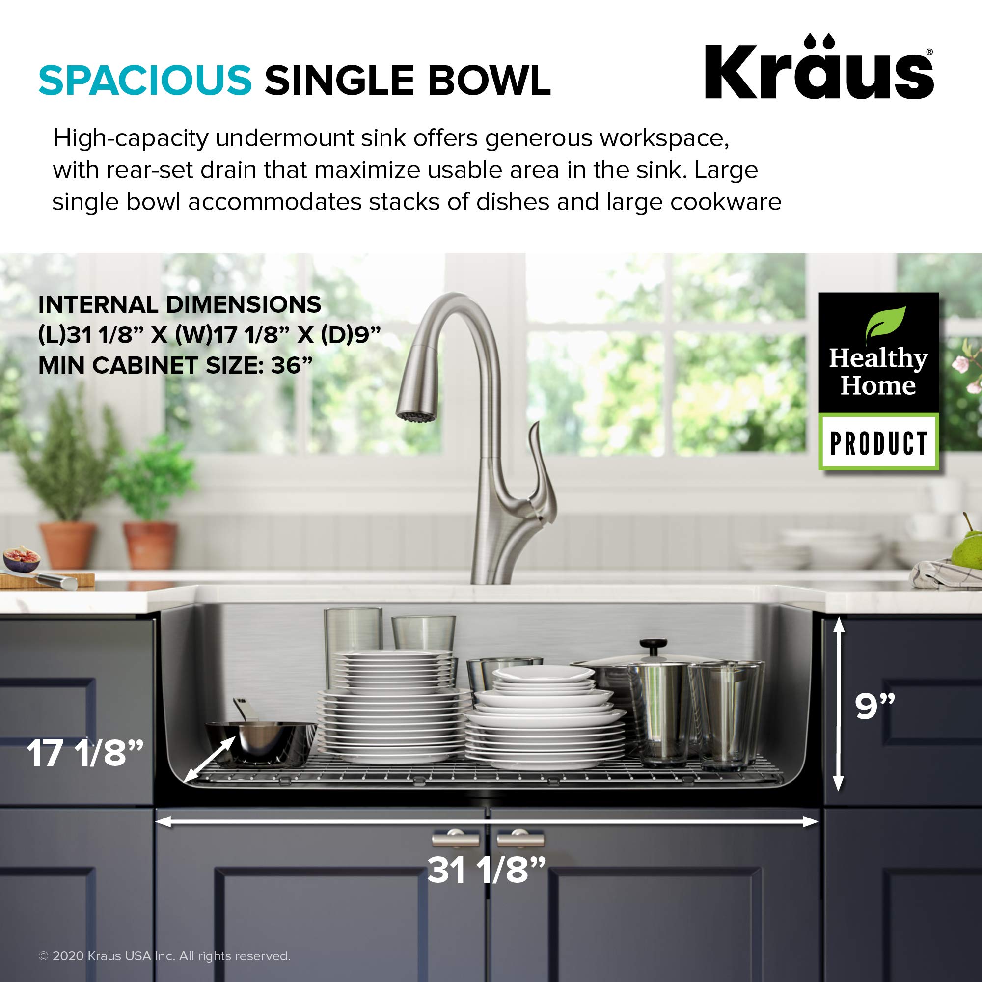 KRAUS Dex 33-inch Undermount 16 Gauge Stainless Steel Single Bowl Kitchen Sink, KA1US33B