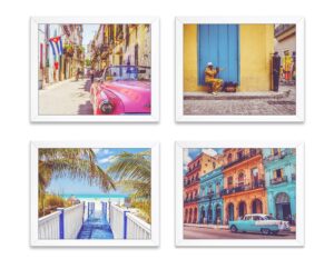 vintage vibrant cuba photography photographic prints, set of 4, unframed, antique cars, musician, beach coastal art decor poster sign, 8x10 inches