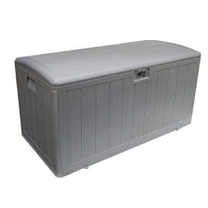 plastic development group 73 gallon weather-resistant resin outdoor storage deck box with slide and snap assembly, driftwood