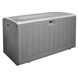 plastic development group 130-gallon weather-resistant plastic resin outdoor patio storage deck box with gas shock lid, driftwood