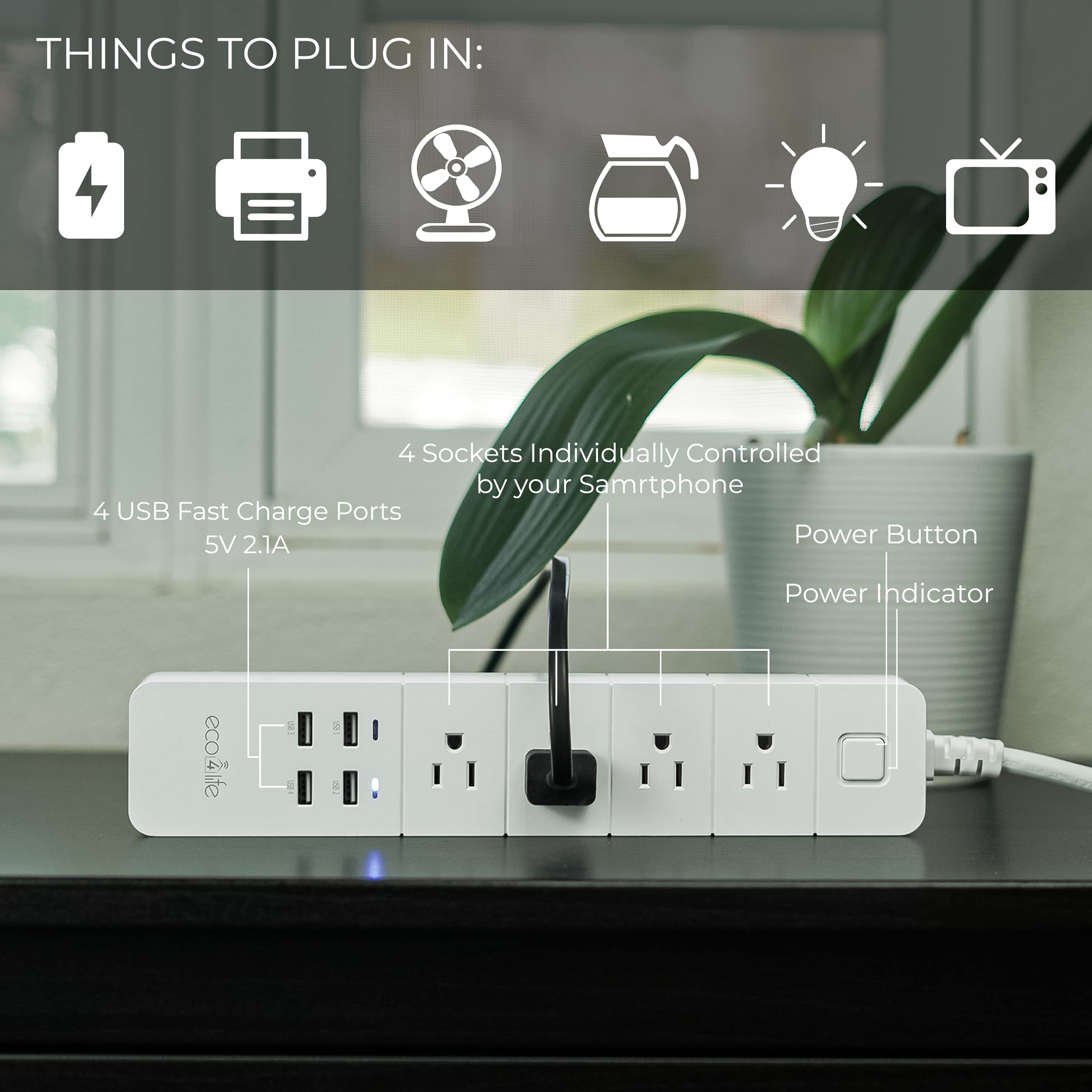 eco4life Wireless Smart Power Strip with Surge Protection, Compatible with Alexa, Google Home and Siri, no Hub Required, Controlled by eco4life app(4 Outlets, 4 USB Ports)