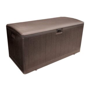 plastic development group 105 gallon weatherproof large double wall plastic outdoor patio storage deck box with soft close lid, java brown
