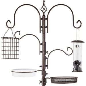 best choice products 91in 4-hook bird feeding station, steel multi-feeder kit stand for attracting wild birds w/ 2 feeders, mesh tray, bird bath, 4-prong base - brown