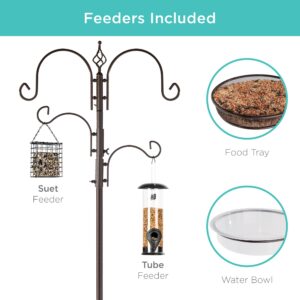 Best Choice Products 91in 4-Hook Bird Feeding Station, Steel Multi-Feeder Kit Stand for Attracting Wild Birds w/ 2 Feeders, Mesh Tray, Bird Bath, 4-Prong Base - Brown