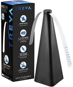 treva chemical free bug fan fly deterrent with holographic blades to clear bugs, mosquitoes, and flies, battery powered fly fan