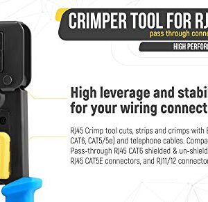 EMS RJ45 Crimp Tool Kit, With 50 Cat6 Pass Through Connectors and 50 Clear Cable Strain Relief Boots + Extra blades - EZ Cut, Strip, Crimp Ethernet Cables