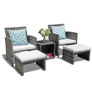 oc orange-casual 5 piece patio furniture set, wicker outdoor conversation chair and ottoman set with coffee table, pillows included, for balcony, porch, deck, white