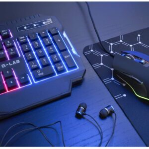 G-LAB Combo Helium - 4-in-1 Gaming Bundle - Backlit QWERTY Gamer Keyboard, 3200 DPI Gaming Mouse, in-Ear Headphones, Non-Slip Mouse Pad - PC Mac PS4 PS5 Xbox One Gamer Pack