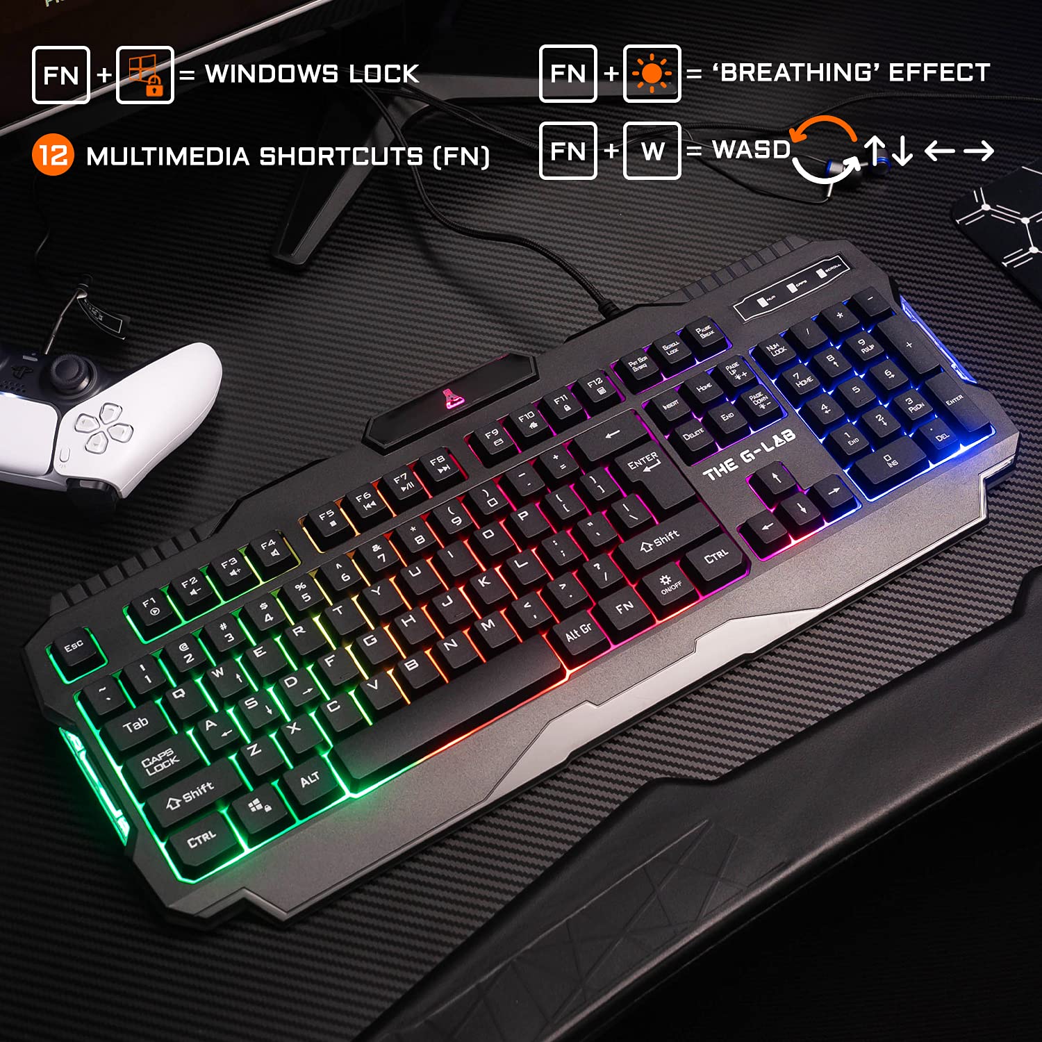 G-LAB Combo Helium - 4-in-1 Gaming Bundle - Backlit QWERTY Gamer Keyboard, 3200 DPI Gaming Mouse, in-Ear Headphones, Non-Slip Mouse Pad - PC Mac PS4 PS5 Xbox One Gamer Pack
